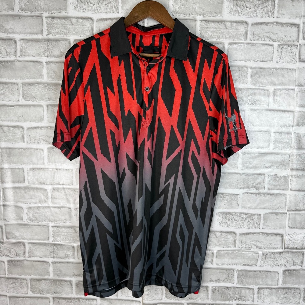 Jamie Sadock Red & Black Geometric Ombre Performance Polo Mens Large Polyester